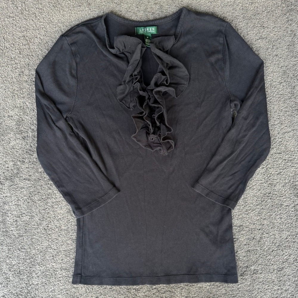 Lauren Ralph Lauren Womens Black Ribbed Ruffle V-Neck 3/4 Sleeve Cotton Top M